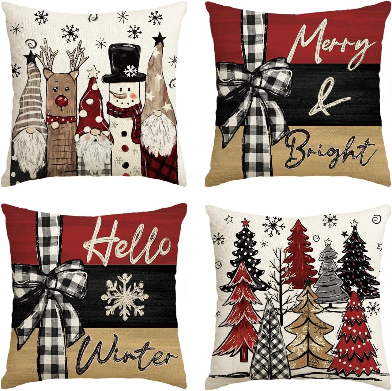 Merry & Bright Christmas Snowman Reindeer Gnome Throw Pillow Covers, 18 x 18 Inch Xmas Trees Hello Winter Holiday Cushion Case Decoration for Sofa Couch Set of 4